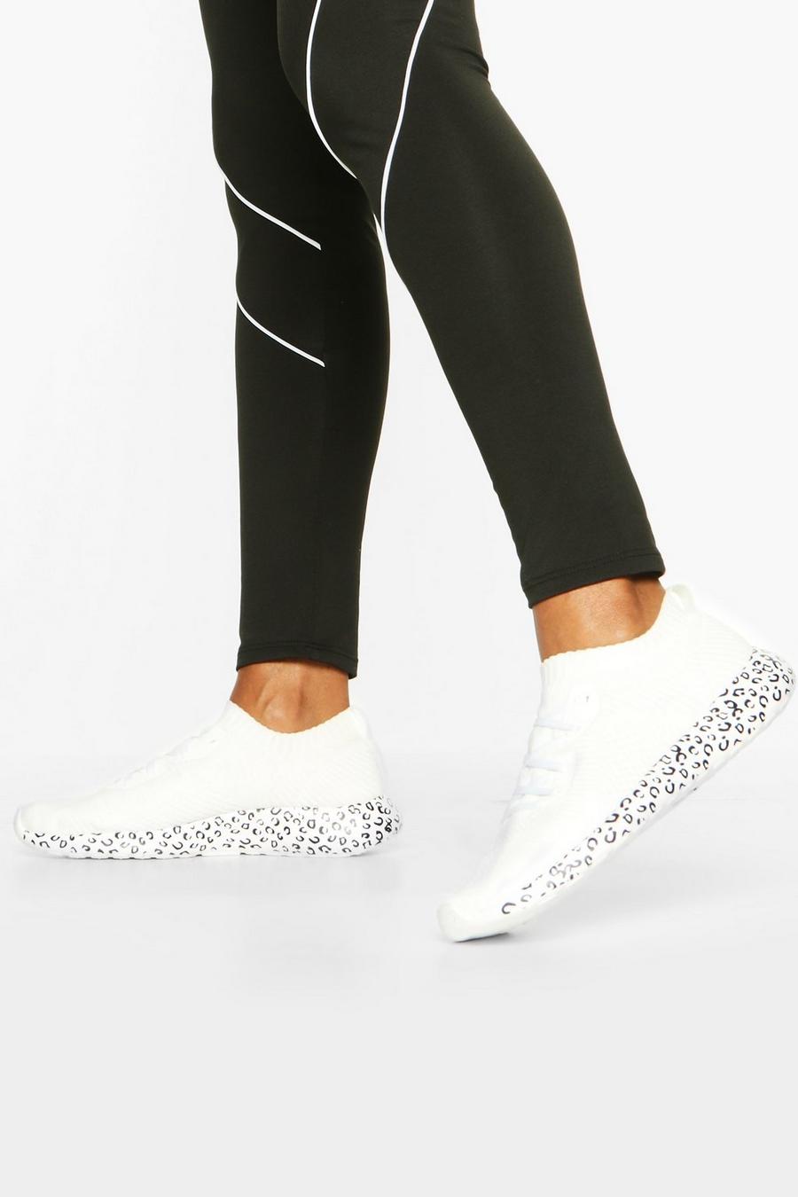White Leopard Print Sole Knitted Sports Sneakers image number 1