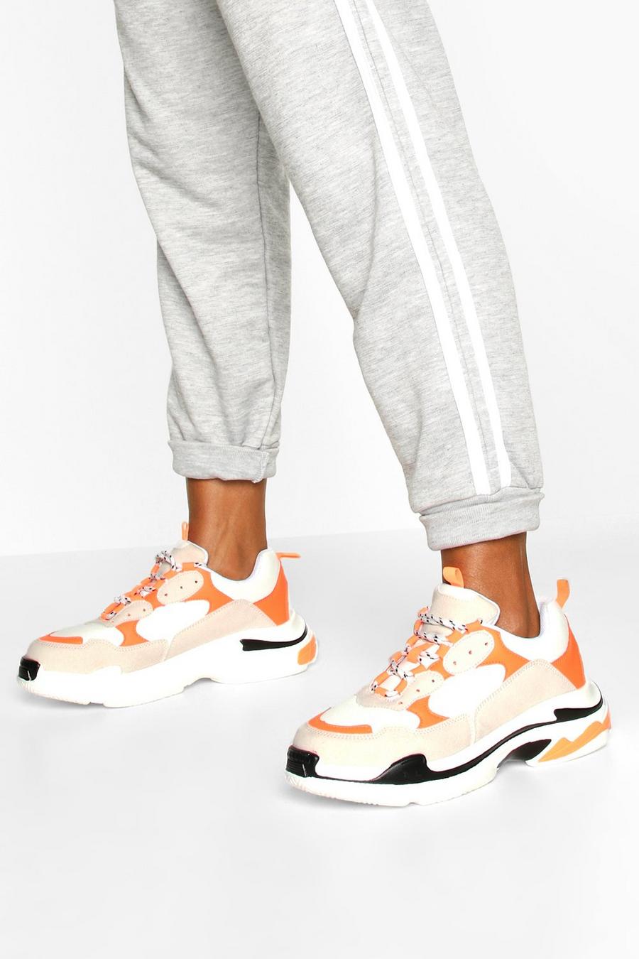 Orange Chunky sneakers med platåsula och snörning image number 1