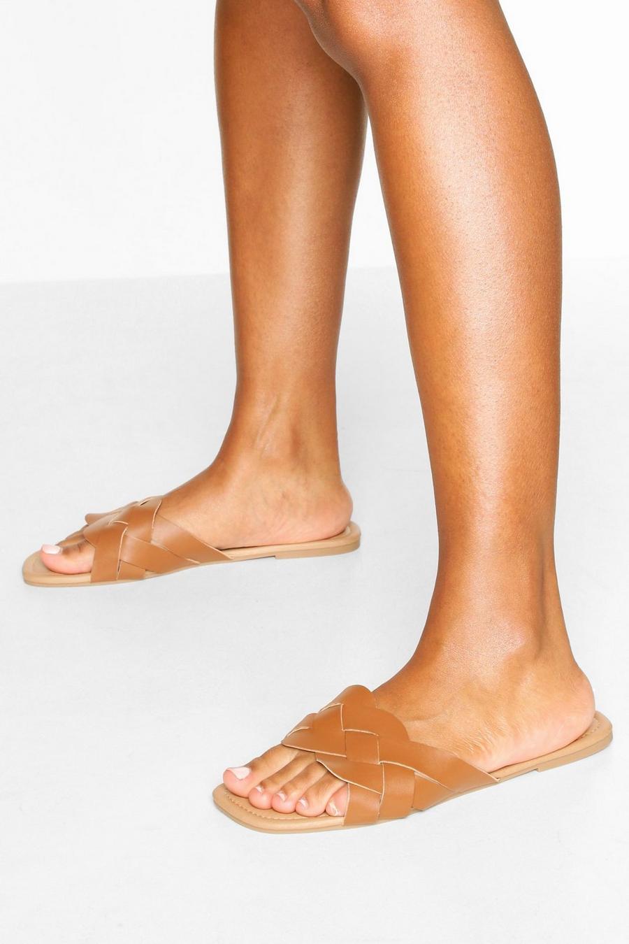 Tan brown Braid Strap Square Toe Slides
