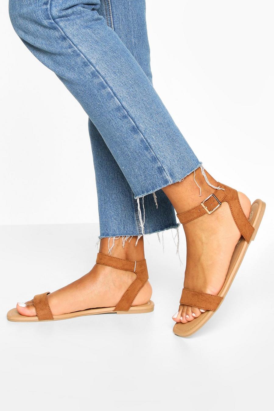 Tan brown Square Toe 2 Parts Basic Sandals