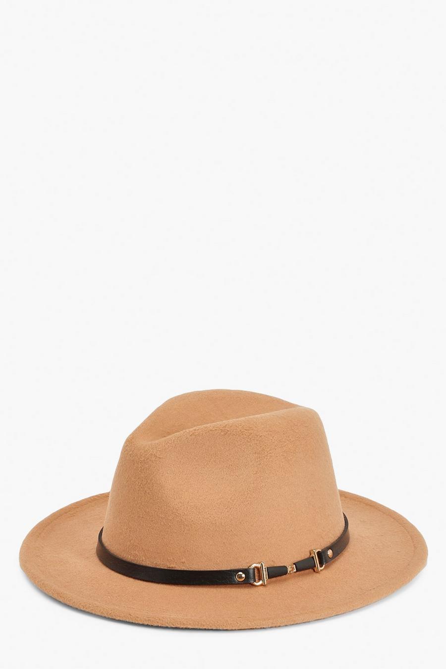 Sombrero fedora de poliuretano con detalle de cadena, Caramelo image number 1