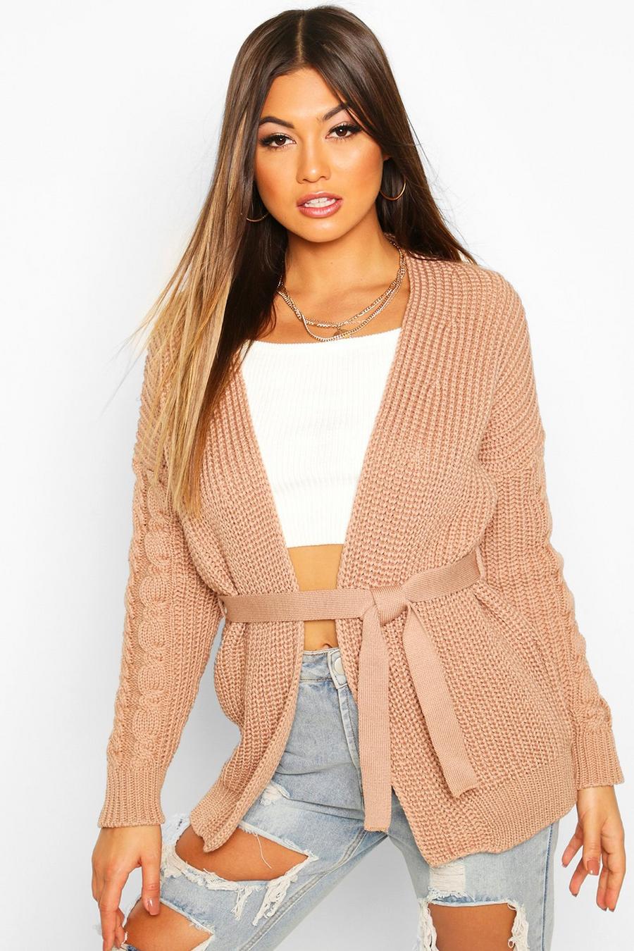 Cable Knit Tie Waist Cardigan, Camel image number 1