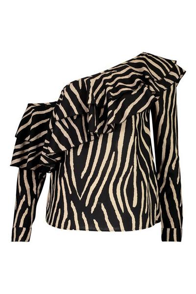boohoo black Zebra Ruffle One Shoulder Woven Top