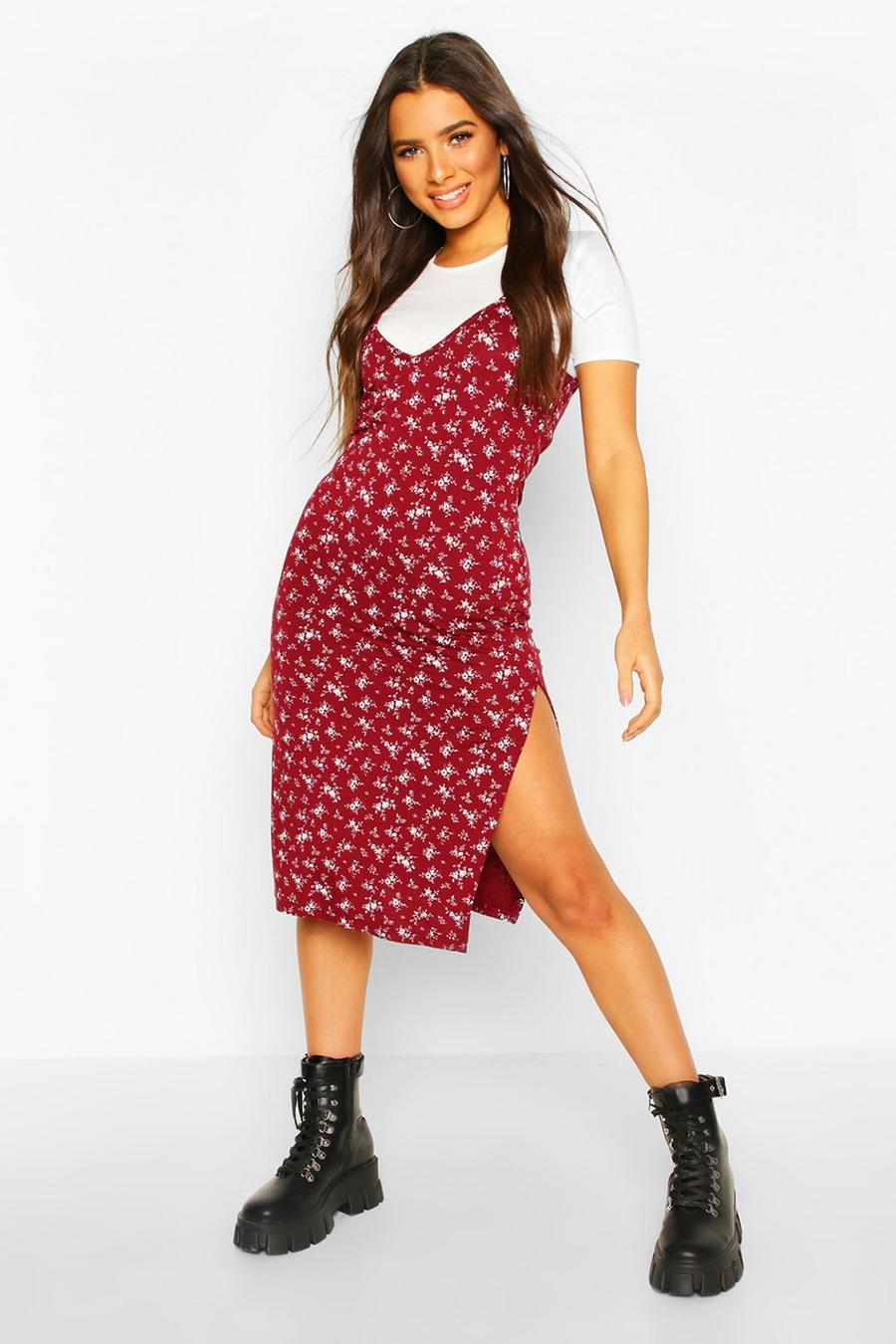Berry Floral Layered T-Shirt Slip Midi image number 1