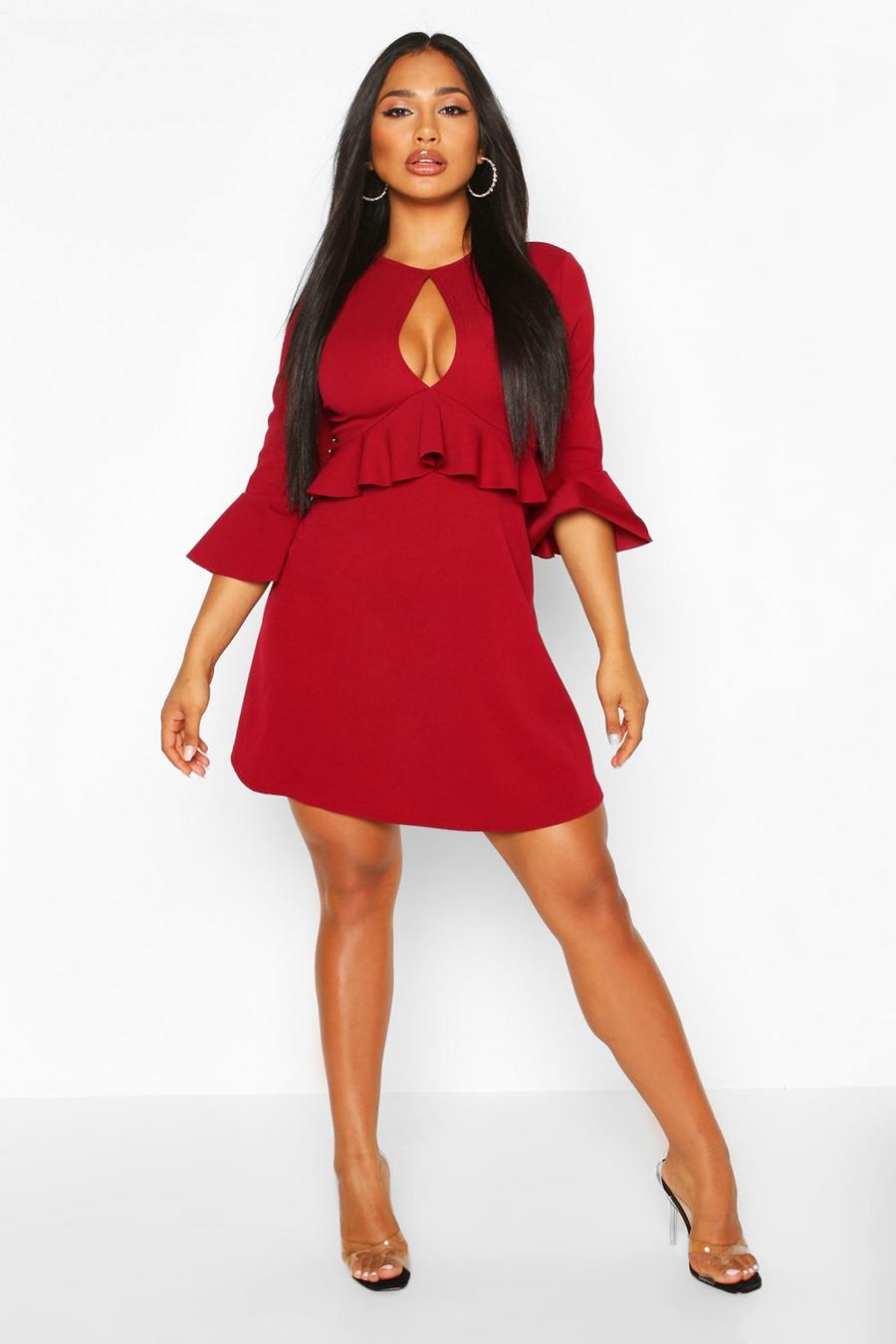 Berry red Scuba Ruffle Detail Frill Skater Dress image number 1