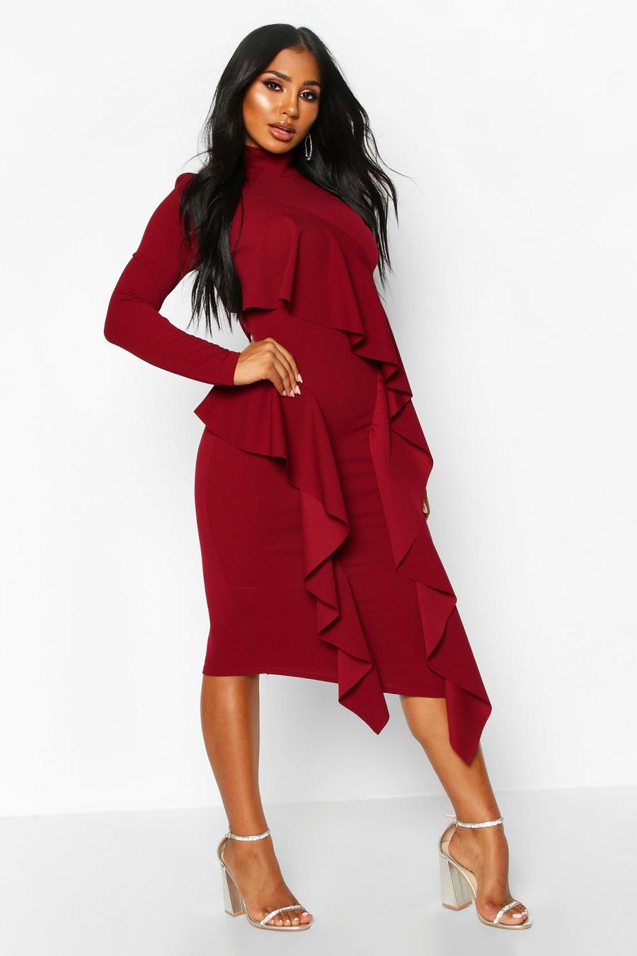 Berry High Neck Ruffle Front Midi Dress image number 1