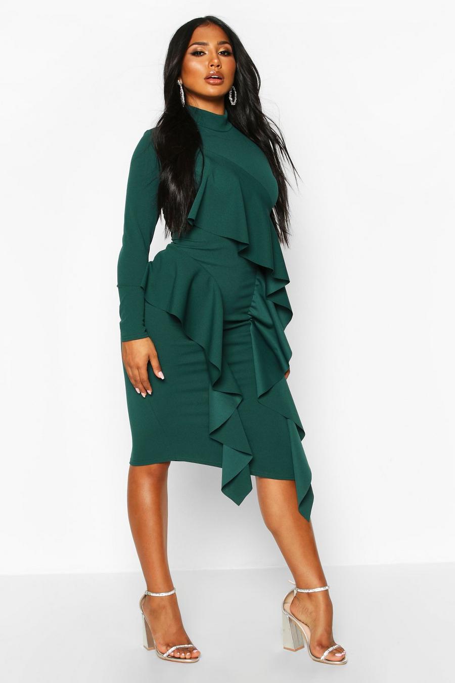 Emerald High Neck Ruffle Front Midi Dress image number 1