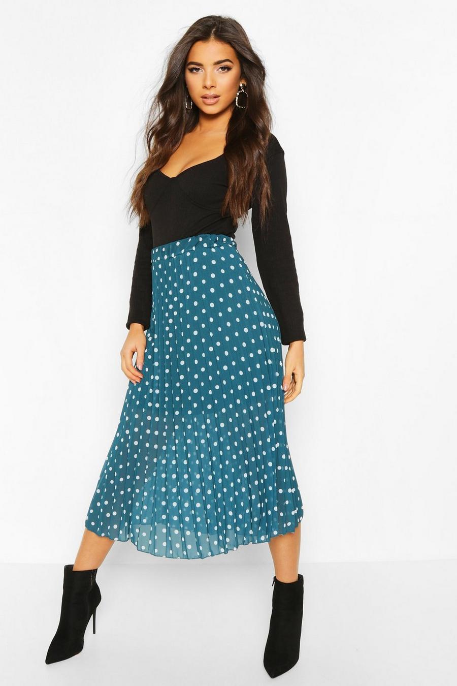Polka Dot Pleated Midi Skirt, Teal image number 1