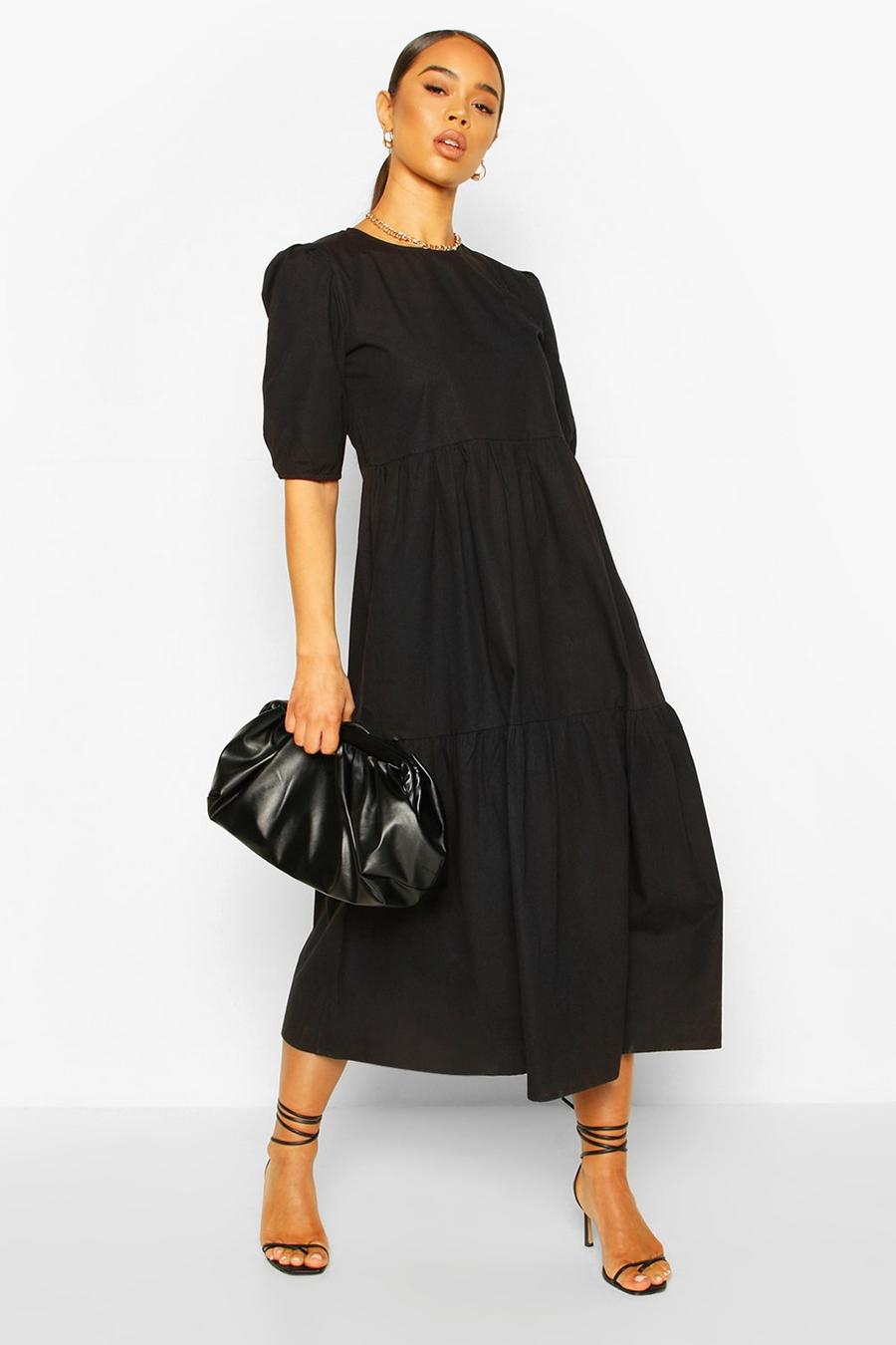 Zwart Gesmokte midi-jurk van katoen met laagjes image number 1
