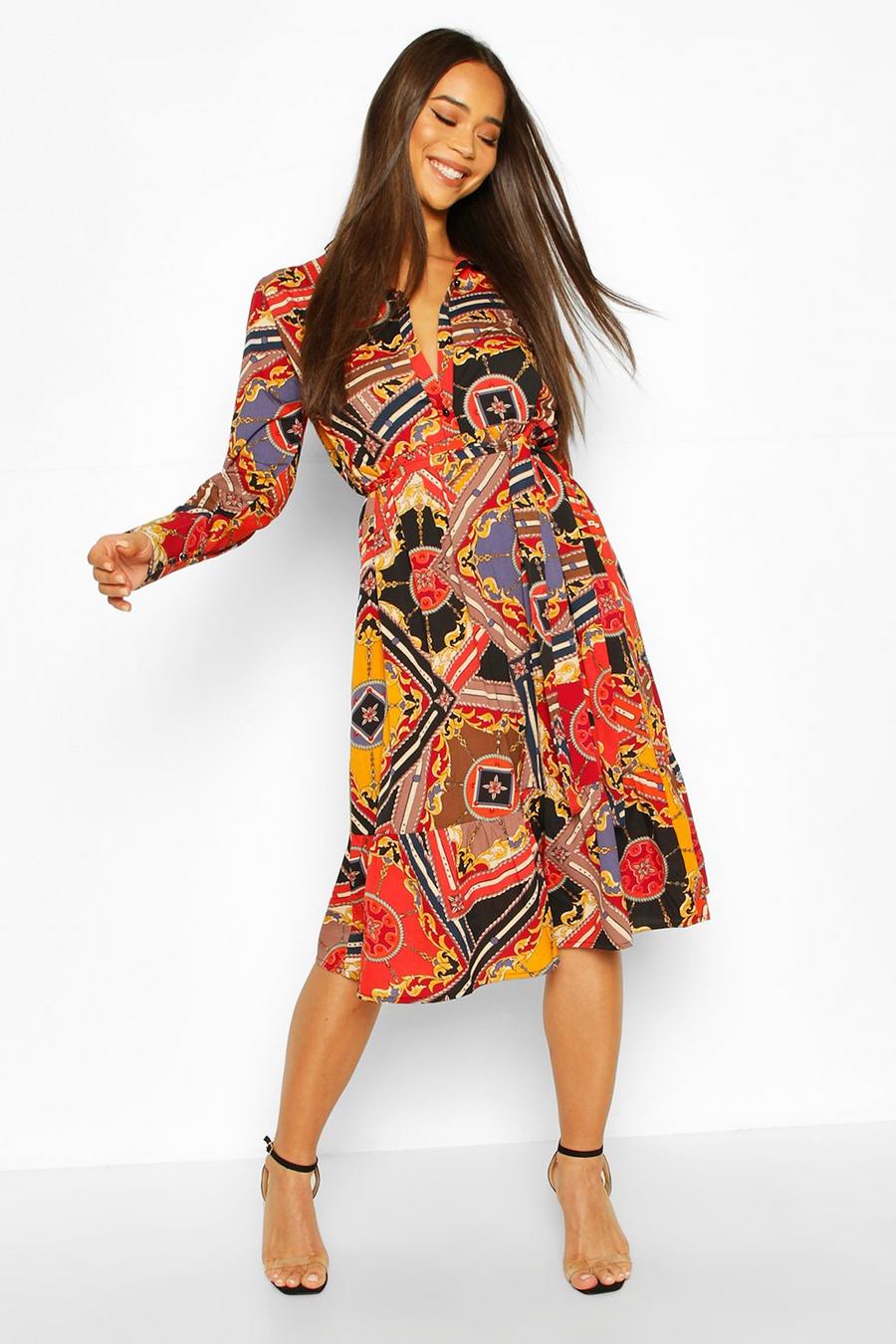Chain Print Belted Midi Shirt Dress image number 1