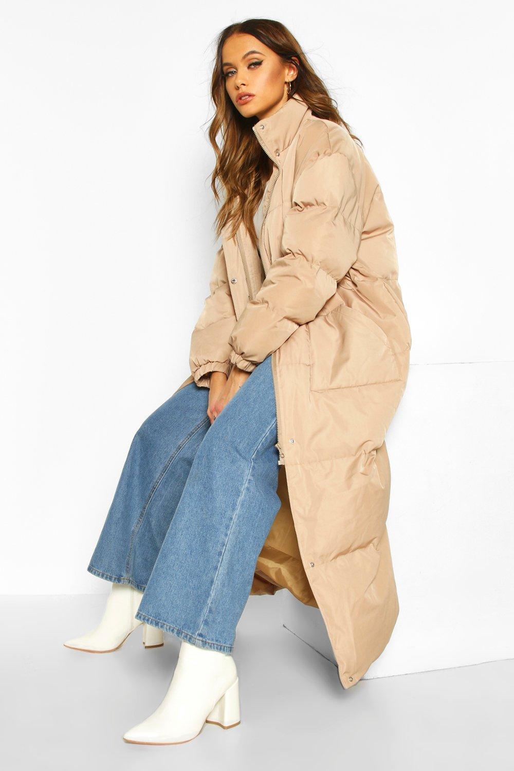 beige maxi puffer coat