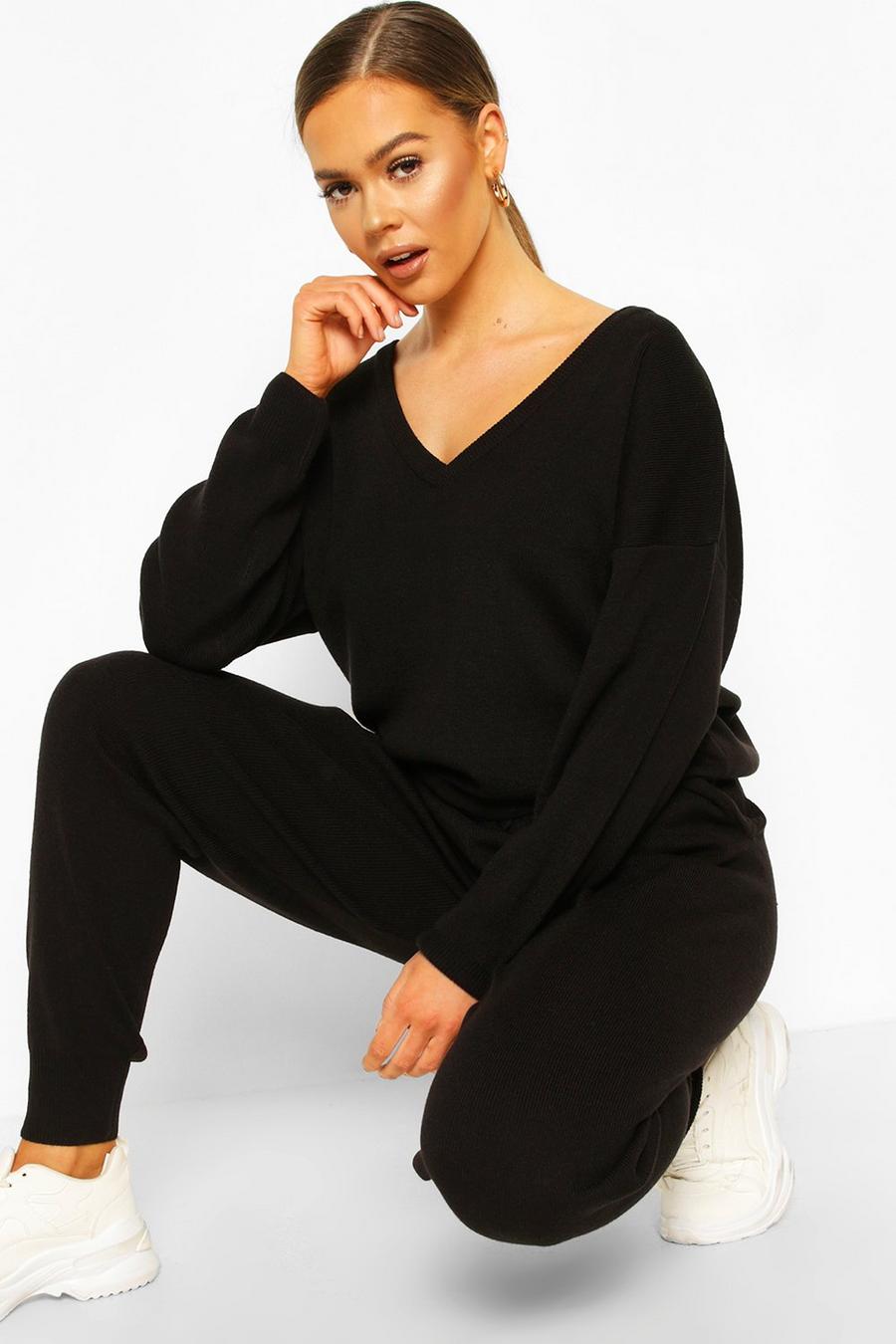 Black V Neck Knitted Jogger Lounge Set image number 1