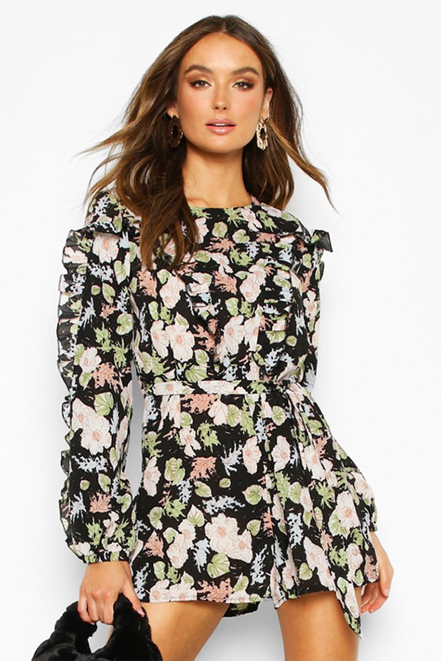 Floral Ruffle Tie Waist Playsuit image number 1