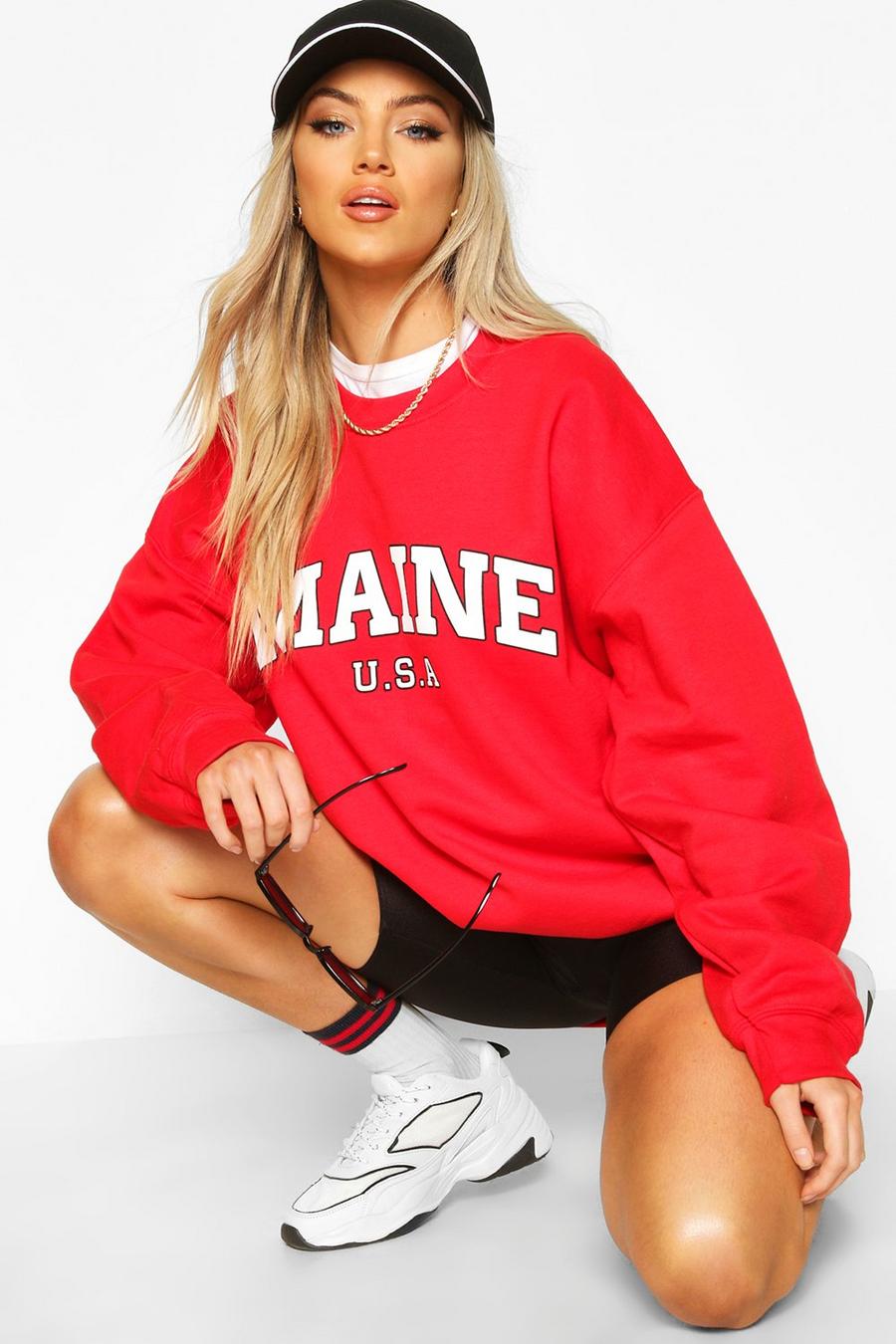 Red Maine Slogan Extreme Oversized Sweatshirt image number 1