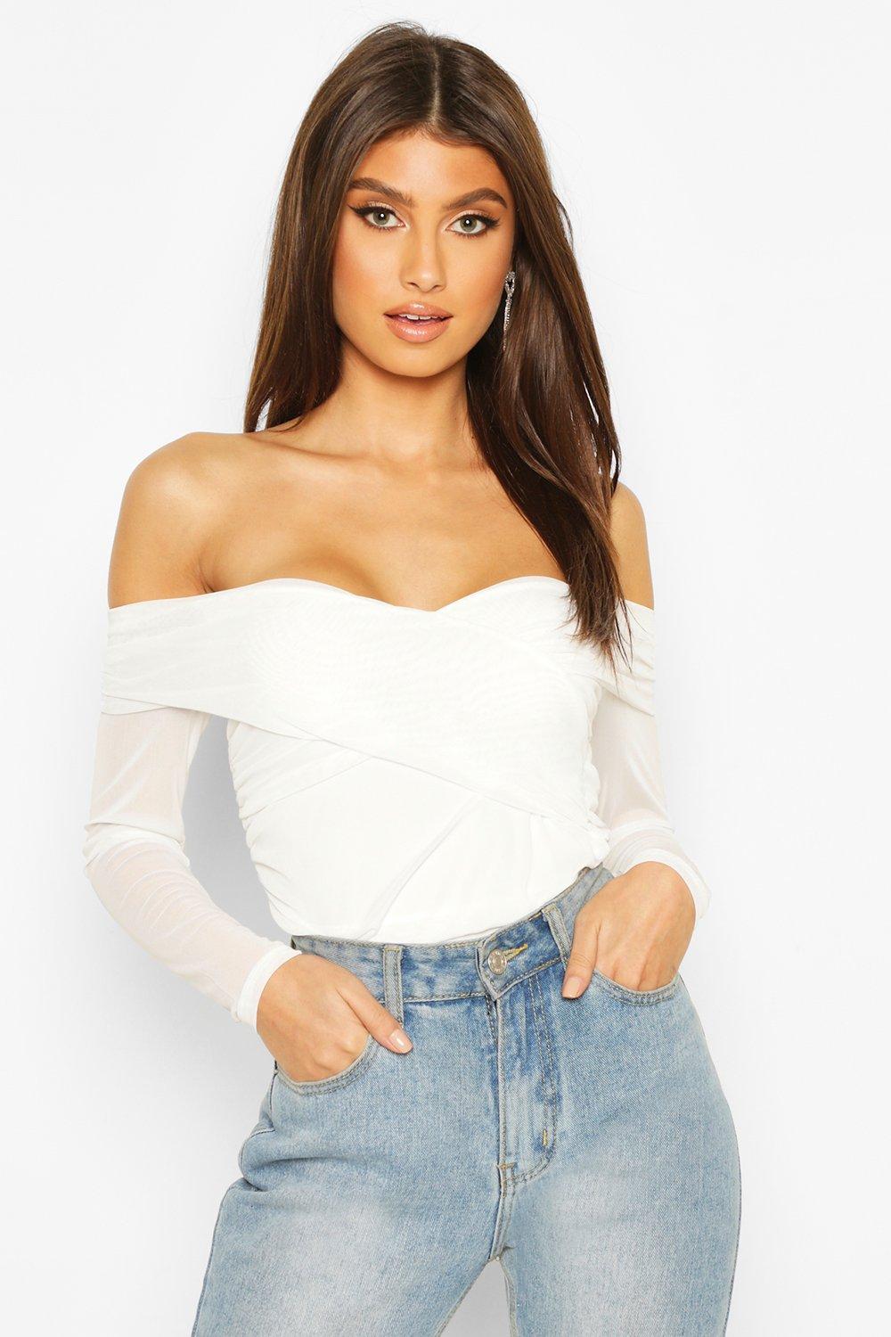 white mesh off the shoulder top
