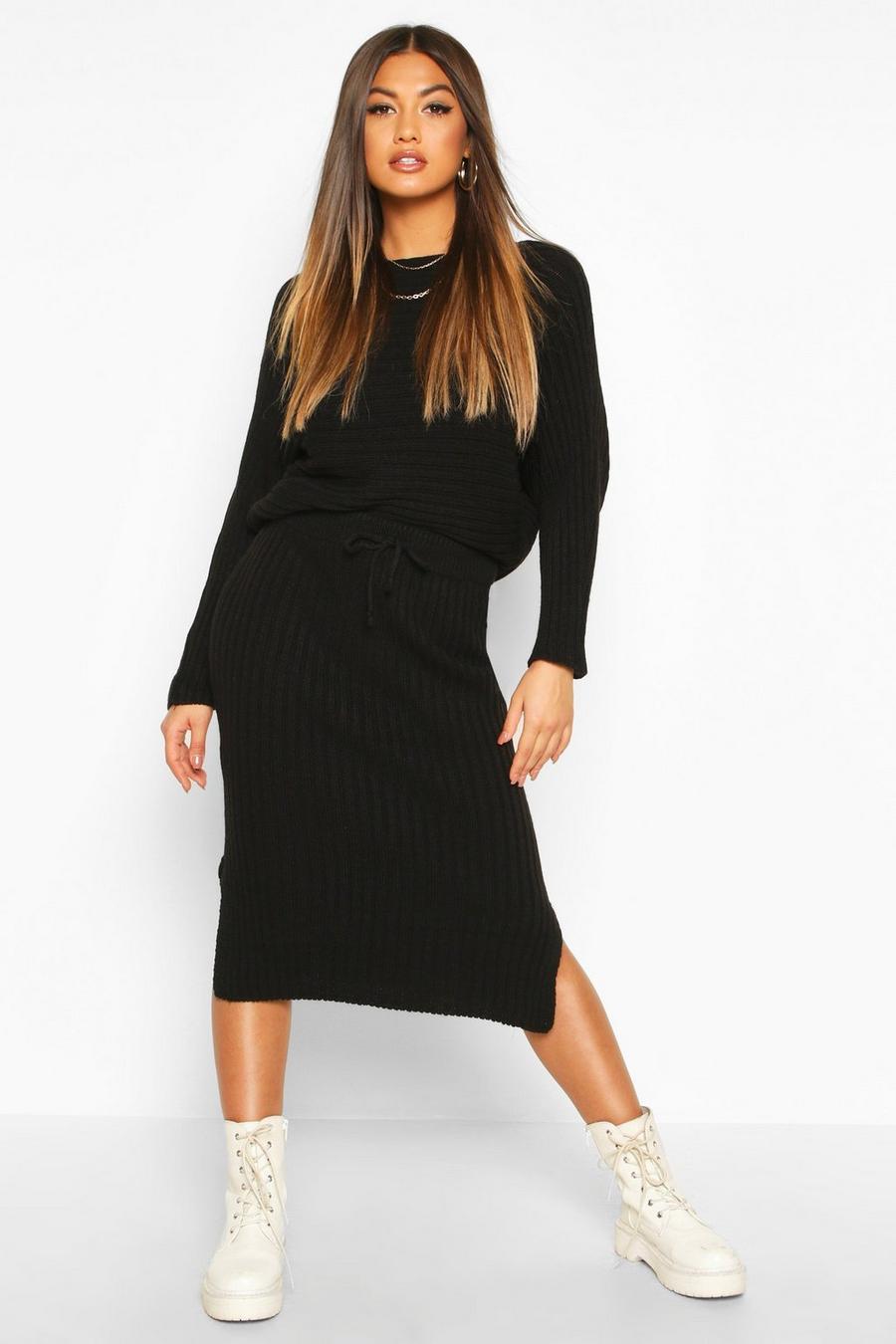 Black Knitted Oversized Sweater & Midi Skirt Co-Ord image number 1