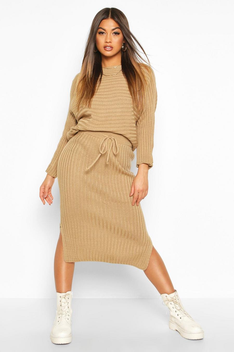 Camel Knitted Oversized Sweater & Midi Skirt Co-Ord image number 1