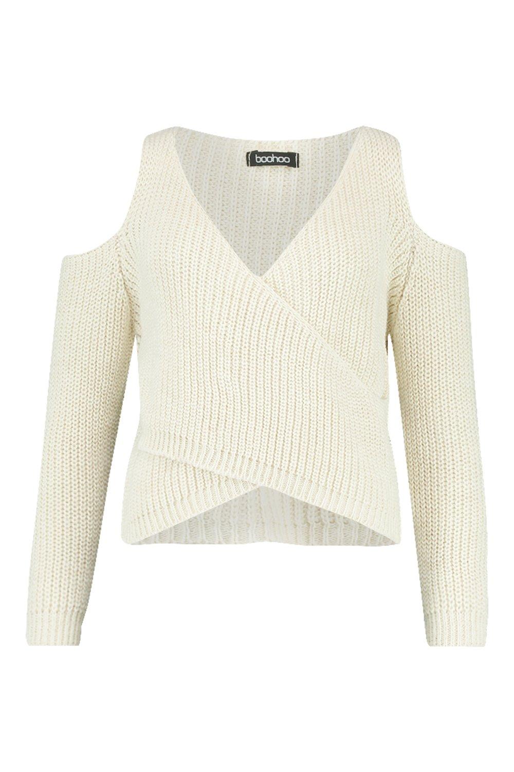 Cold Shoulder Wrap Front Knitted Jumper