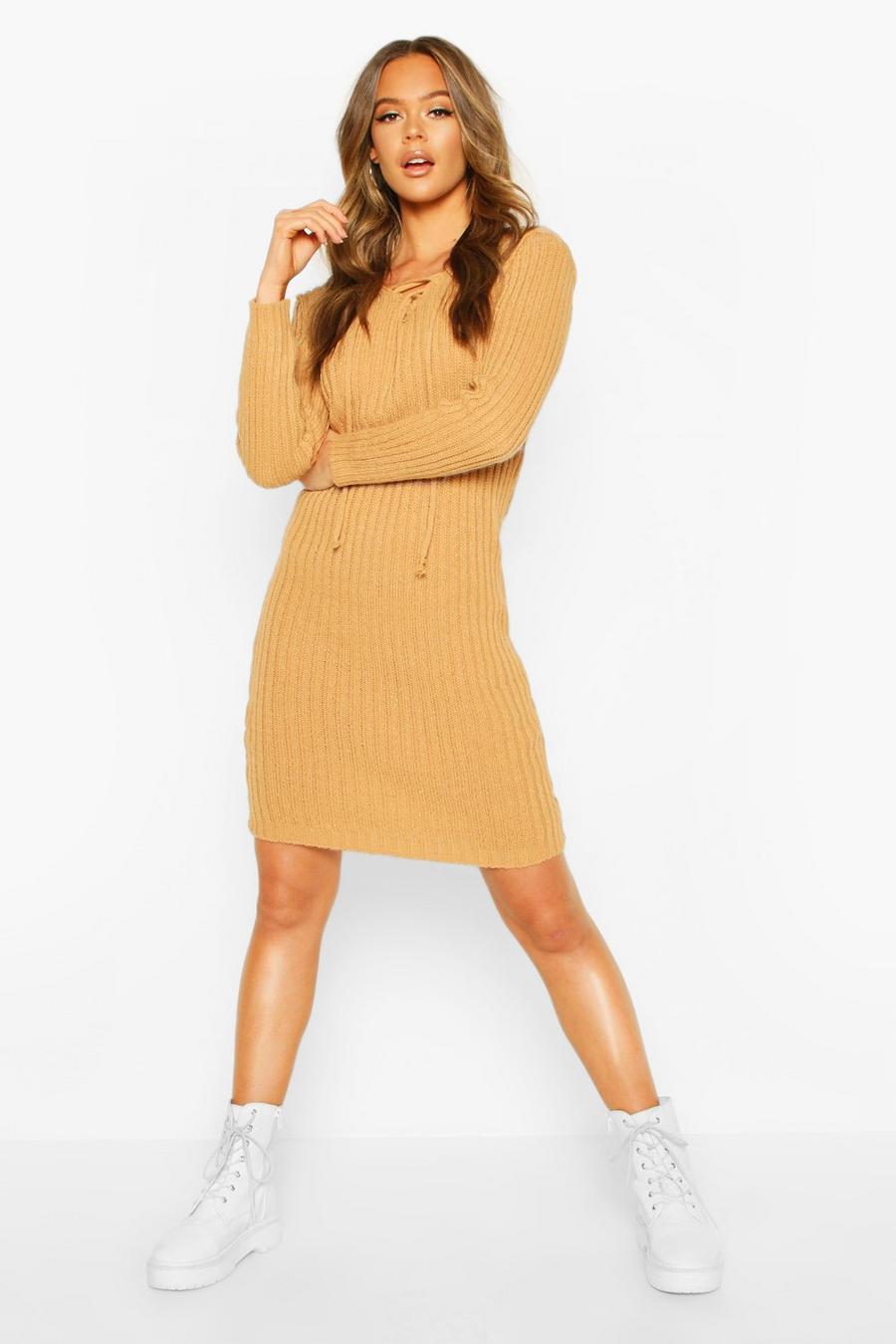 Camel Knitted Tie Front Midi Dress image number 1