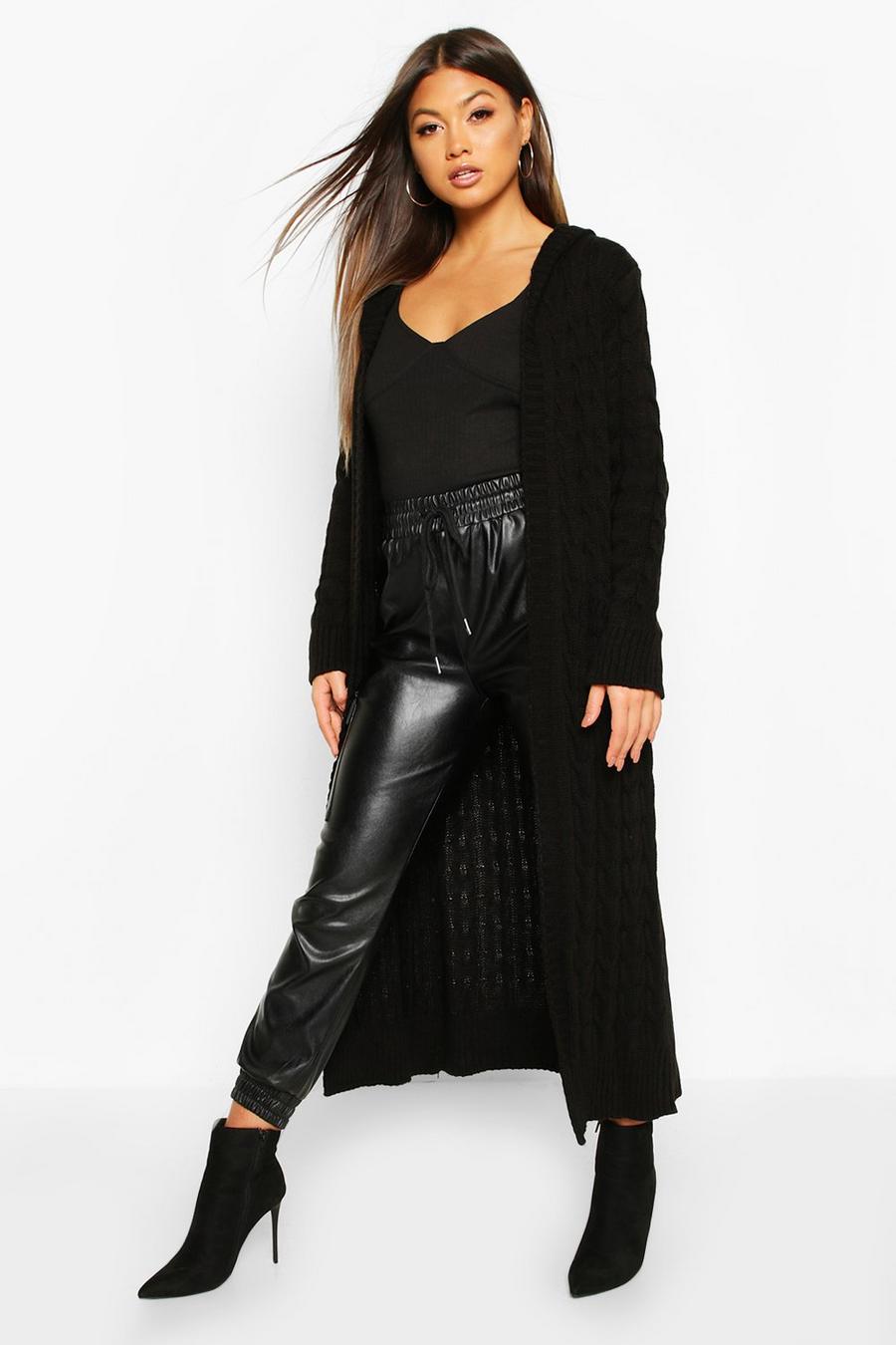 Cable Knit Hooded Maxi Cardigan, Black image number 1
