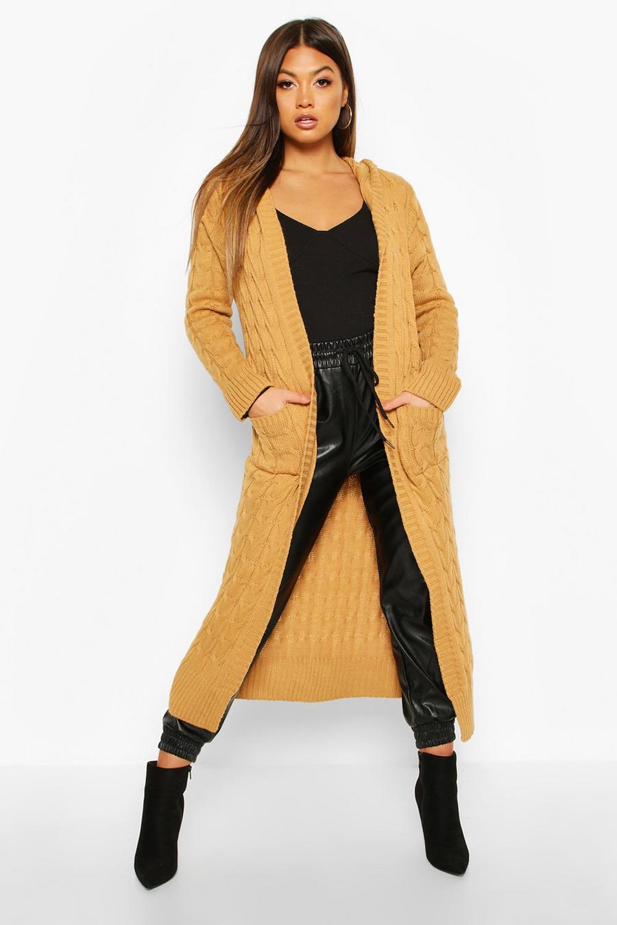 Cable Knit Hooded Maxi Cardigan, Camel image number 1