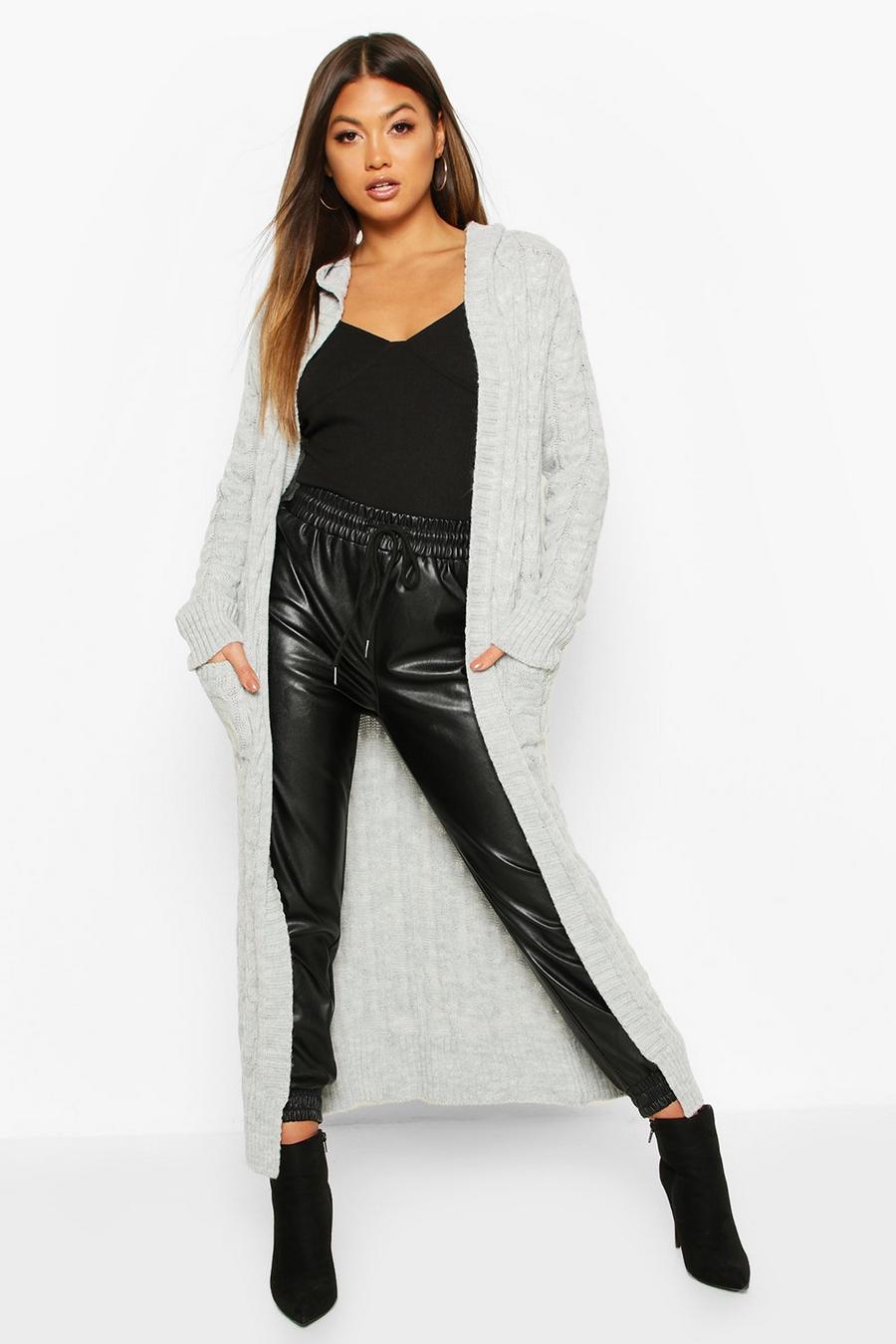 Cable Knit Hooded Maxi Cardigan, Grey image number 1