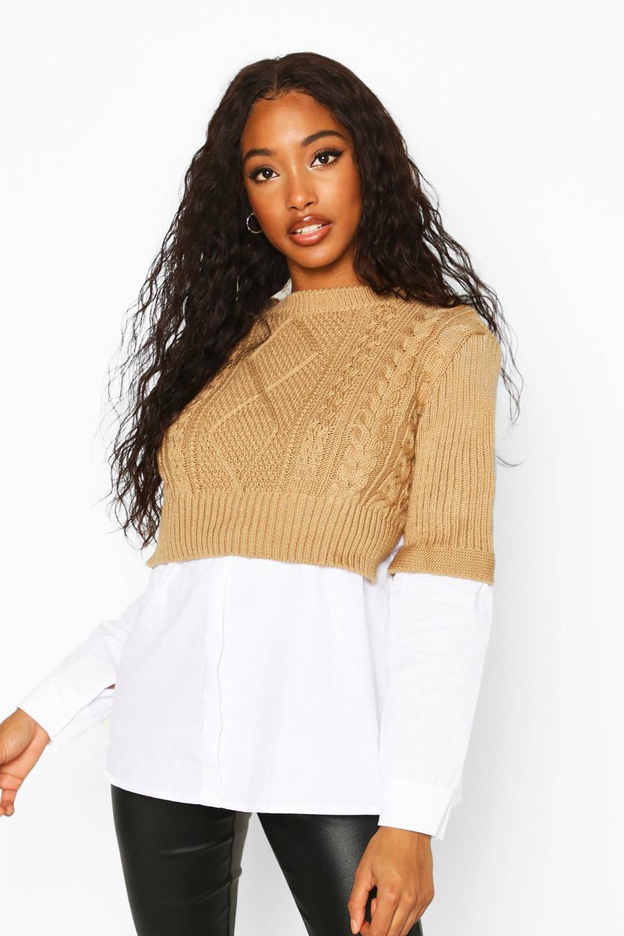 Camel Cable Knit 2 In 1 Jumper & Shirt image number 1