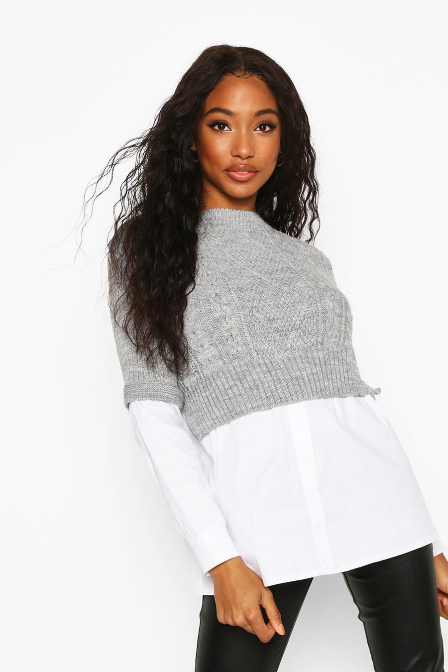 Grey Cable Knit 2 In 1 Jumper & Shirt image number 1