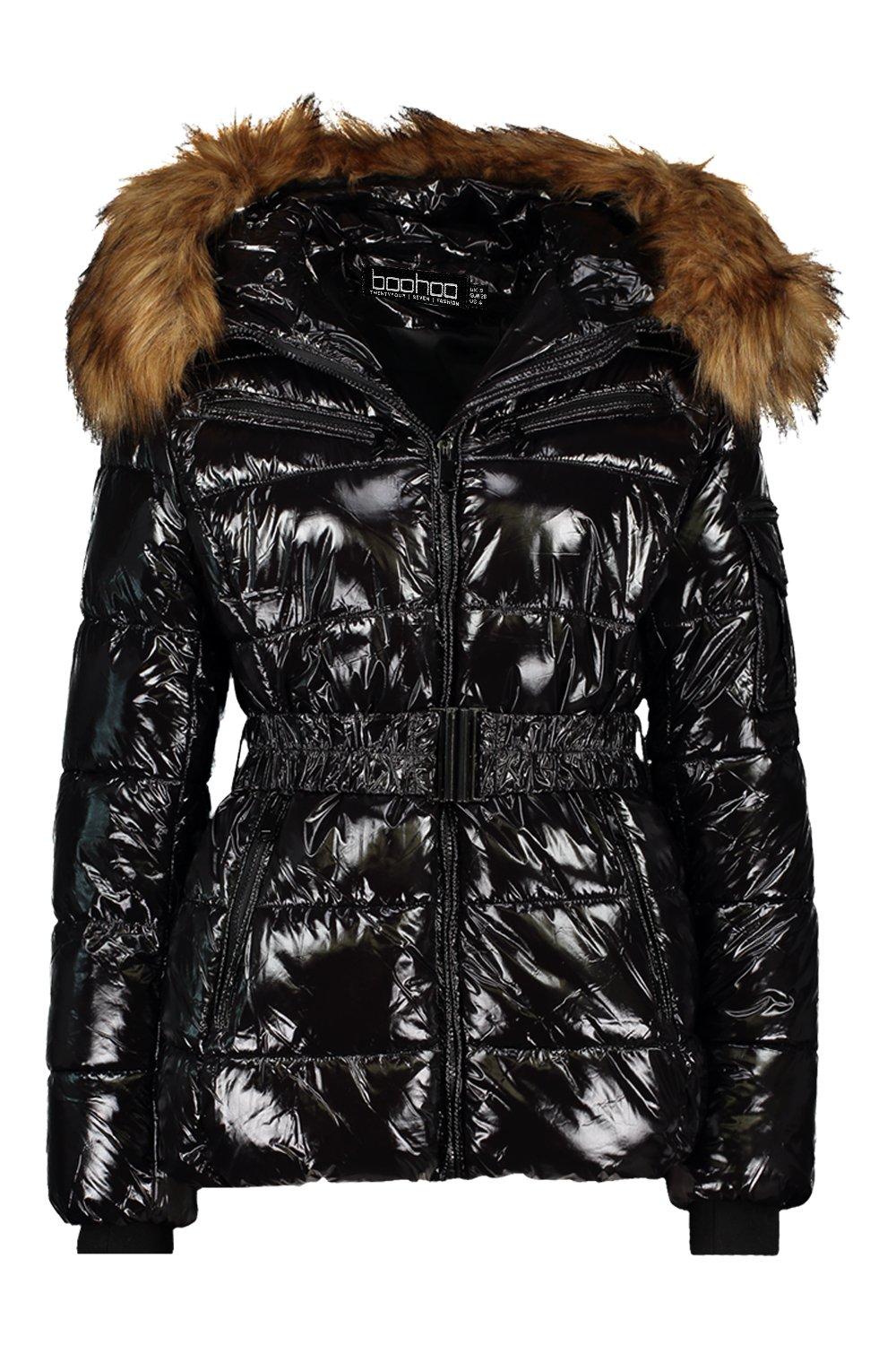 black vinyl coat with fur hood