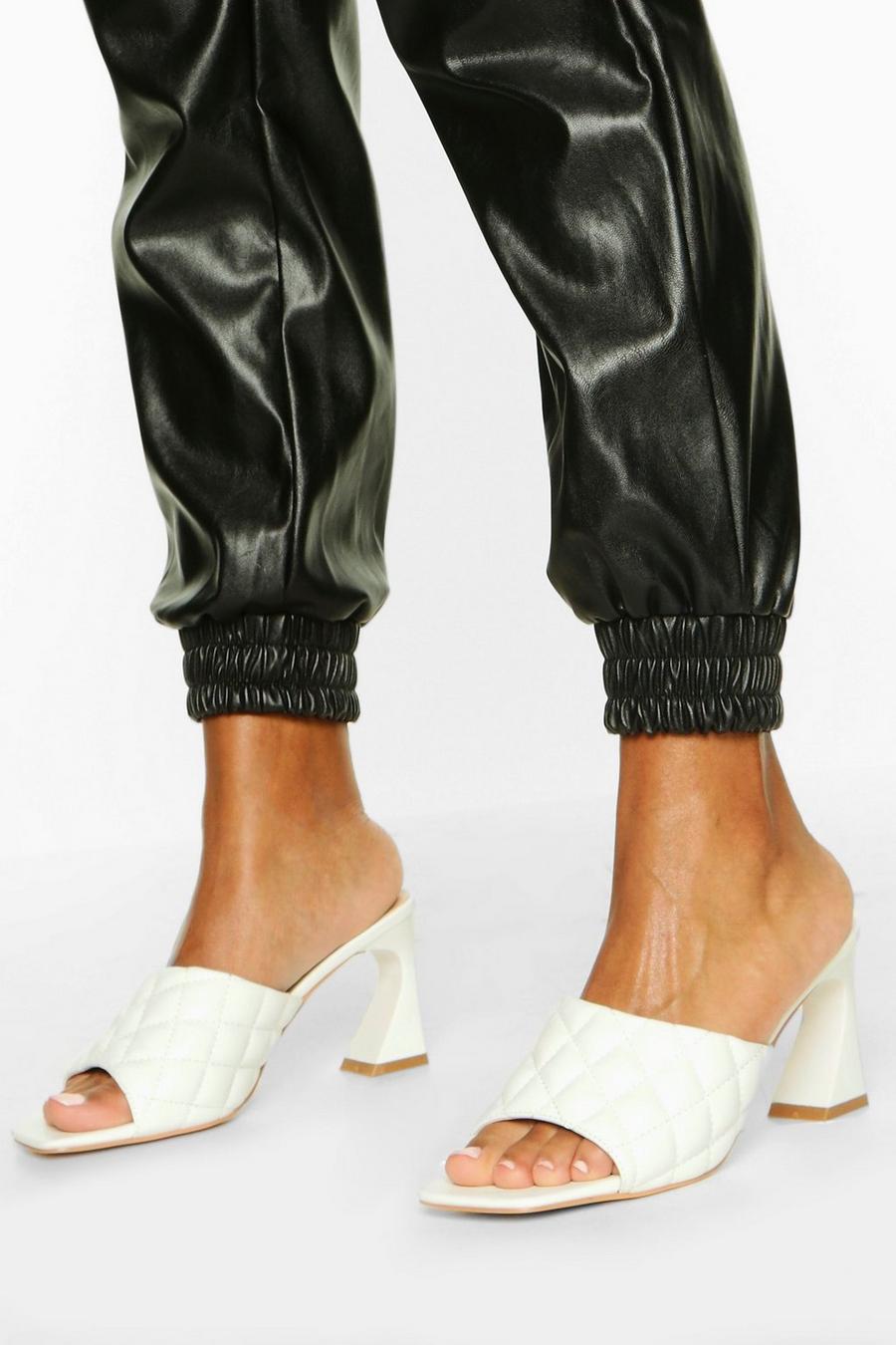 White Quilted Square Toe Low Heel Mules image number 1