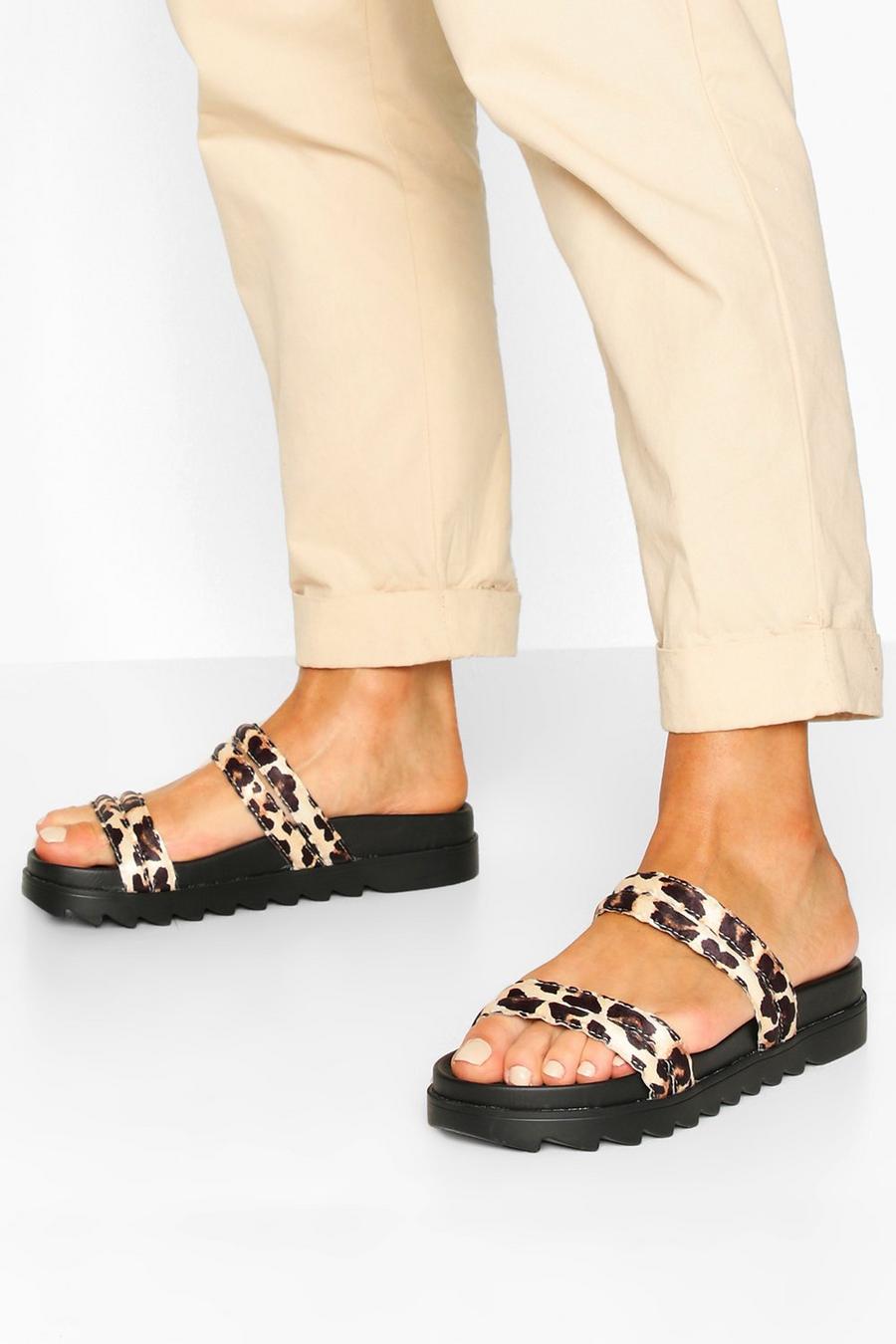 Double Strap Foot Bed Sliders, Leopard image number 1