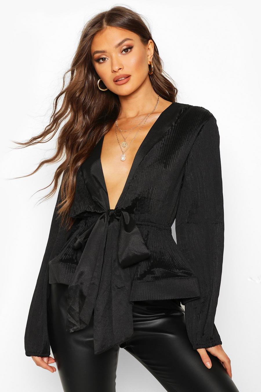 Black Woven Crinkle Tie Front Blouse image number 1