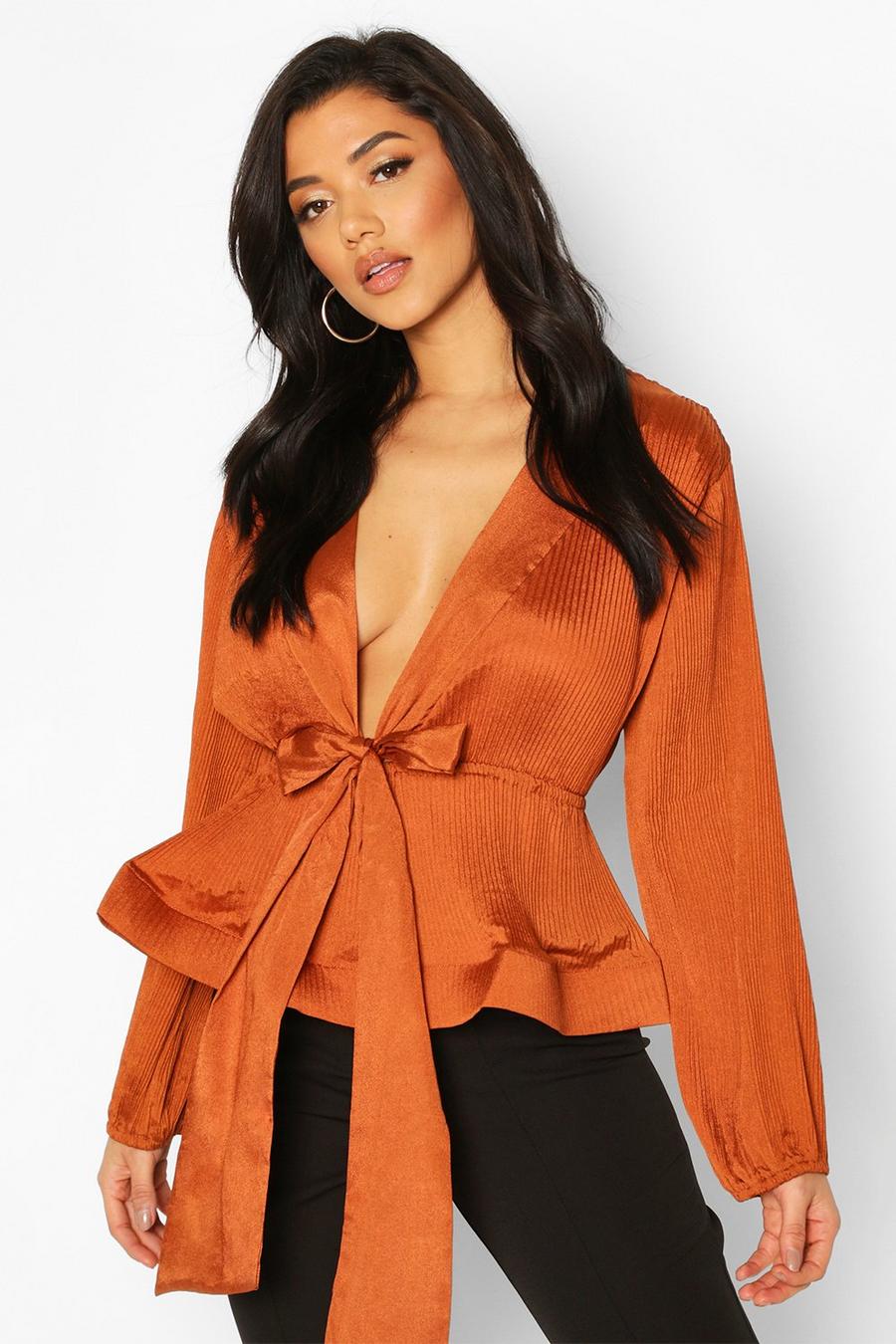 Rust Woven Crinkle Tie Front Blouse image number 1