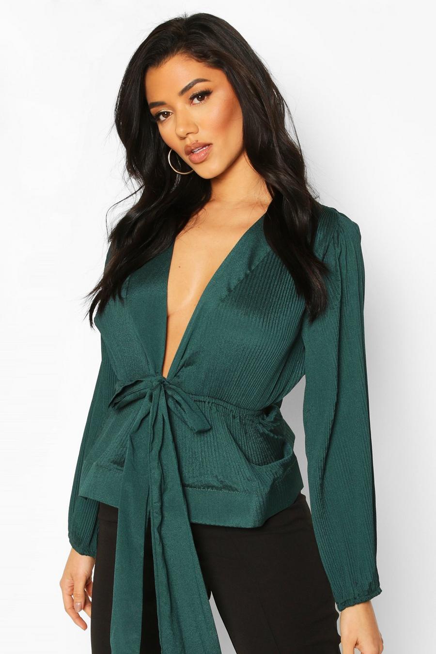 Teal Woven Crinkle Tie Front Blouse image number 1