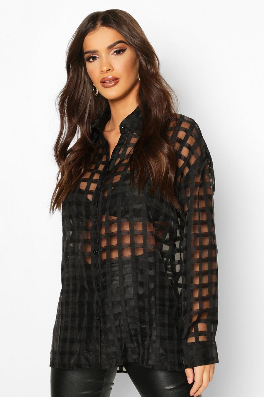 Black Checked Organza Button Through Shirt image number 1