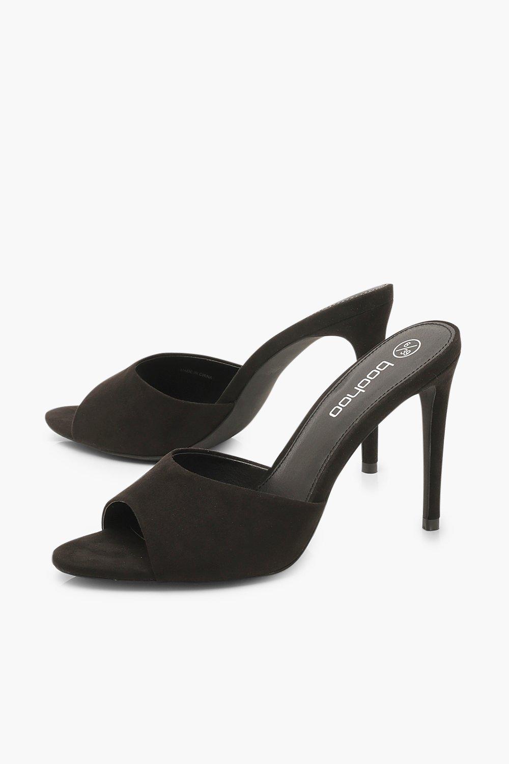 Black peep hot sale toe mule heels