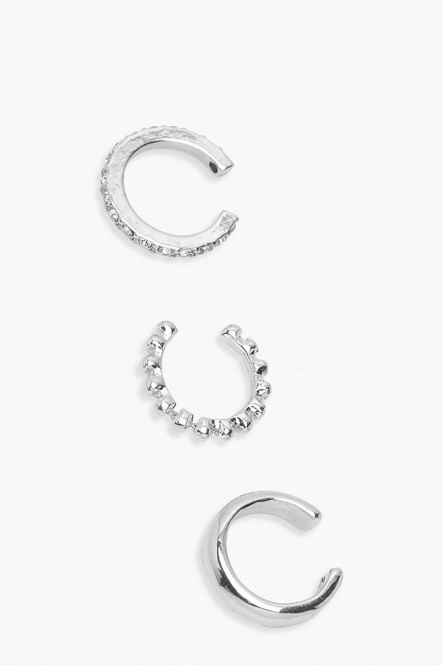 Silver 3 Pack Textured & Diamante Ear Cuffs image number 1