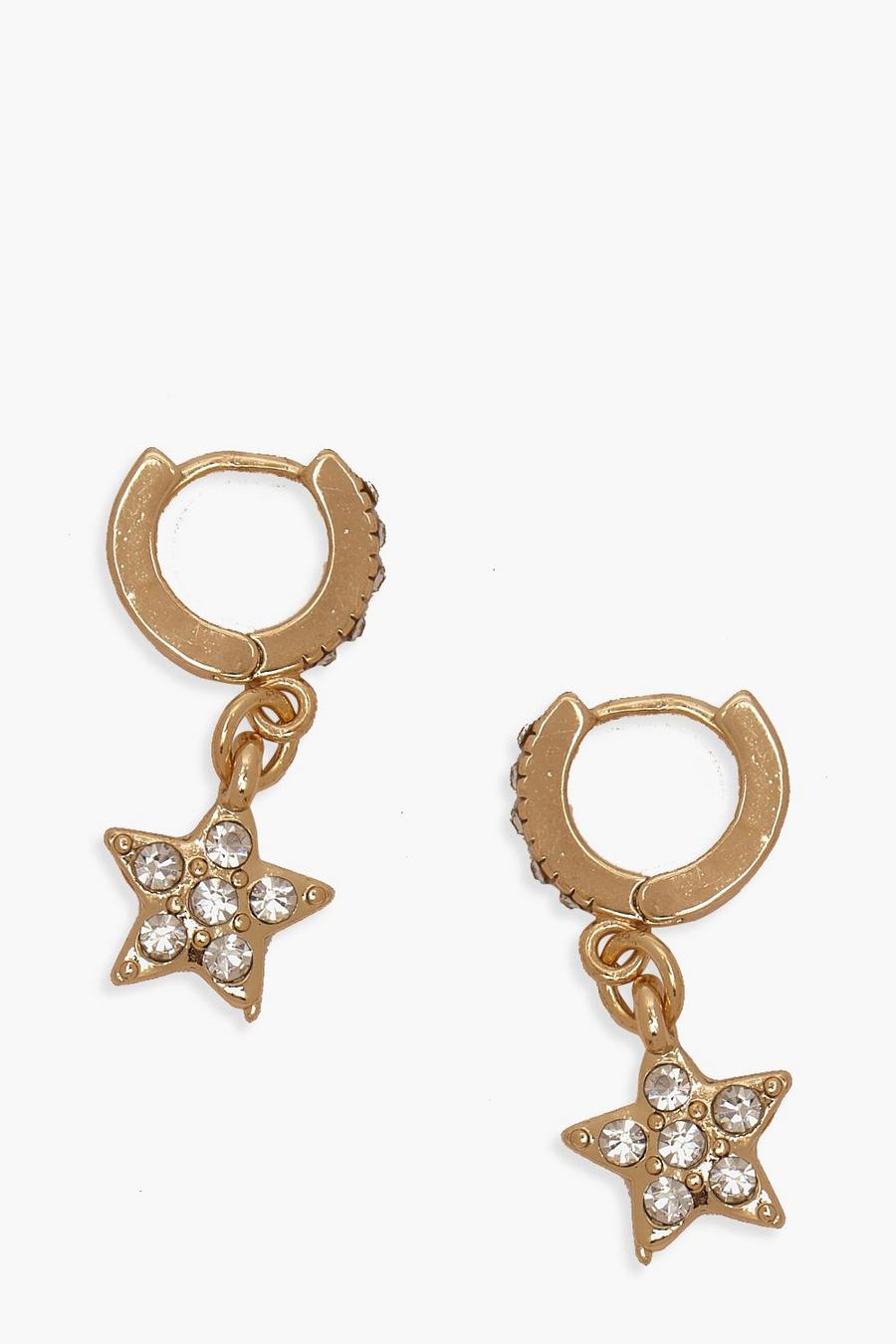 Gold Rhinestone Star Huggie Hoop Earrings image number 1