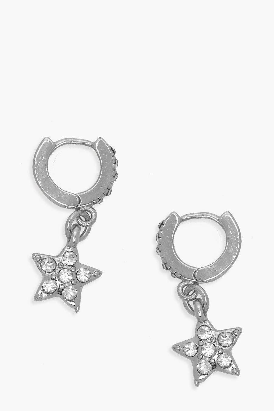 Silver Rhinestone Star Huggie Hoop Earrings image number 1