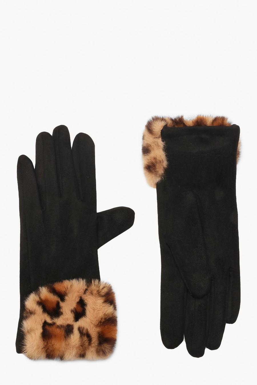Black Suedette & Leopard Faux Fur Trim Glove image number 1