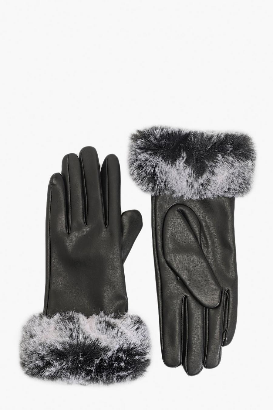 Black Handskar i läderimitation med fuskpäls image number 1