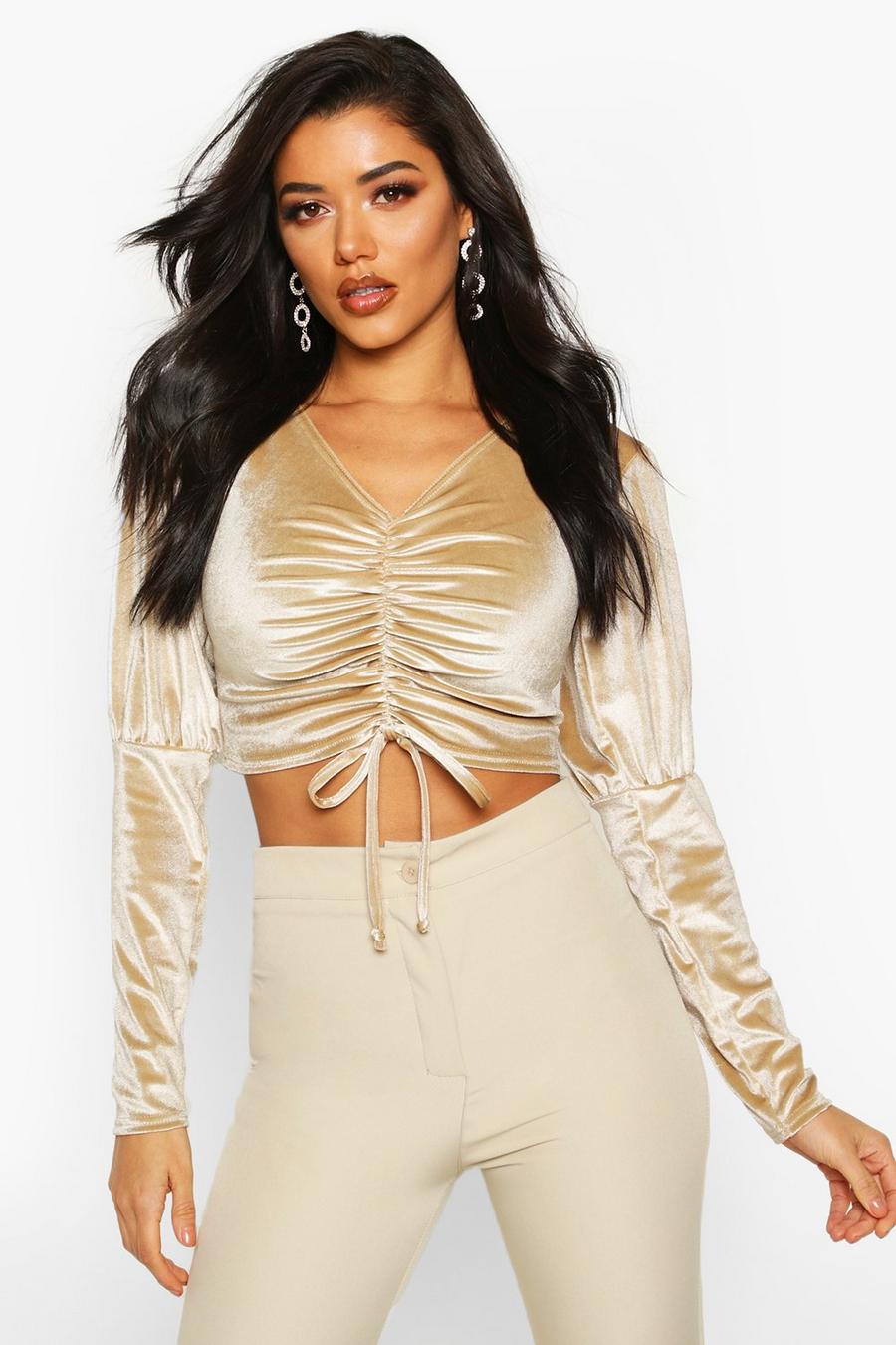 Champagne Velvet Ruched Puff Sleeve Crop Top image number 1