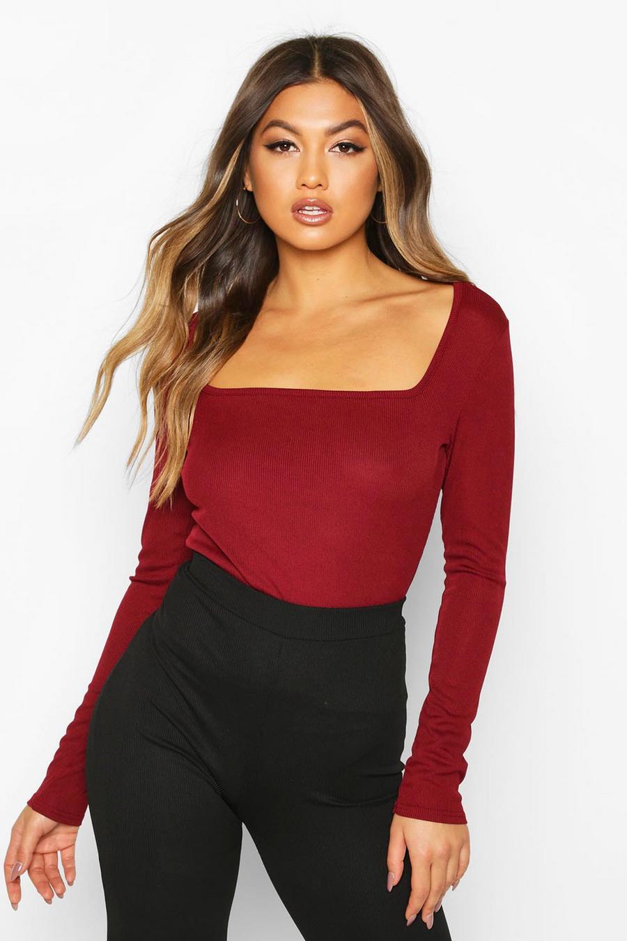 Berry Square Neck Long Sleeve Top image number 1