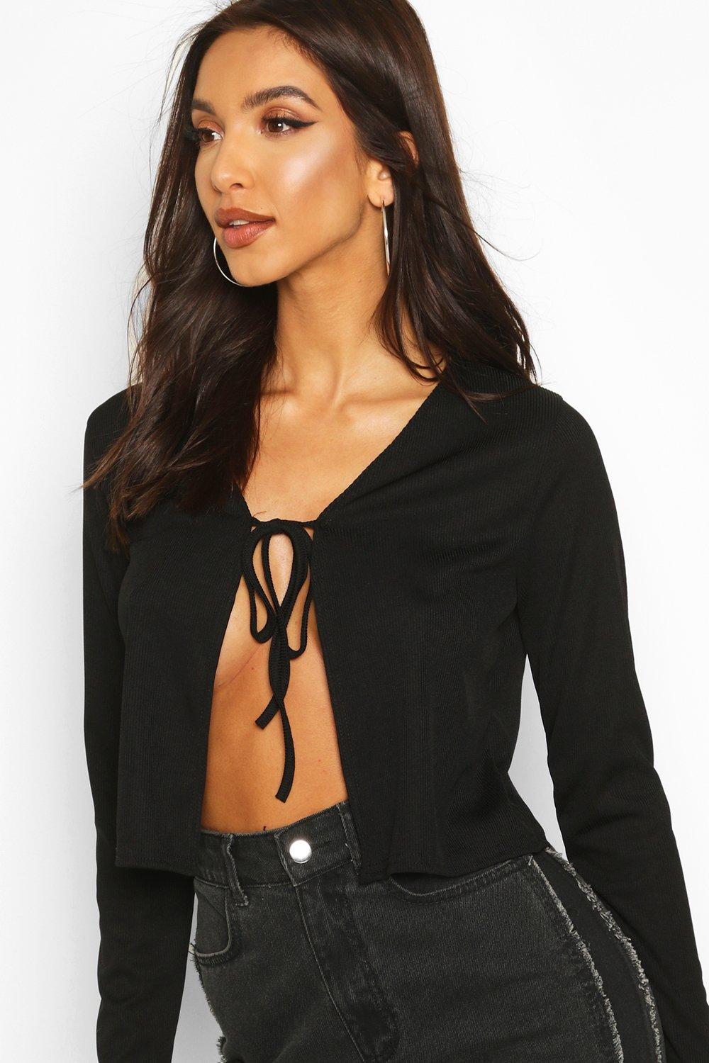 Women s Ribbed Tie Front Cardigan Boohoo UK