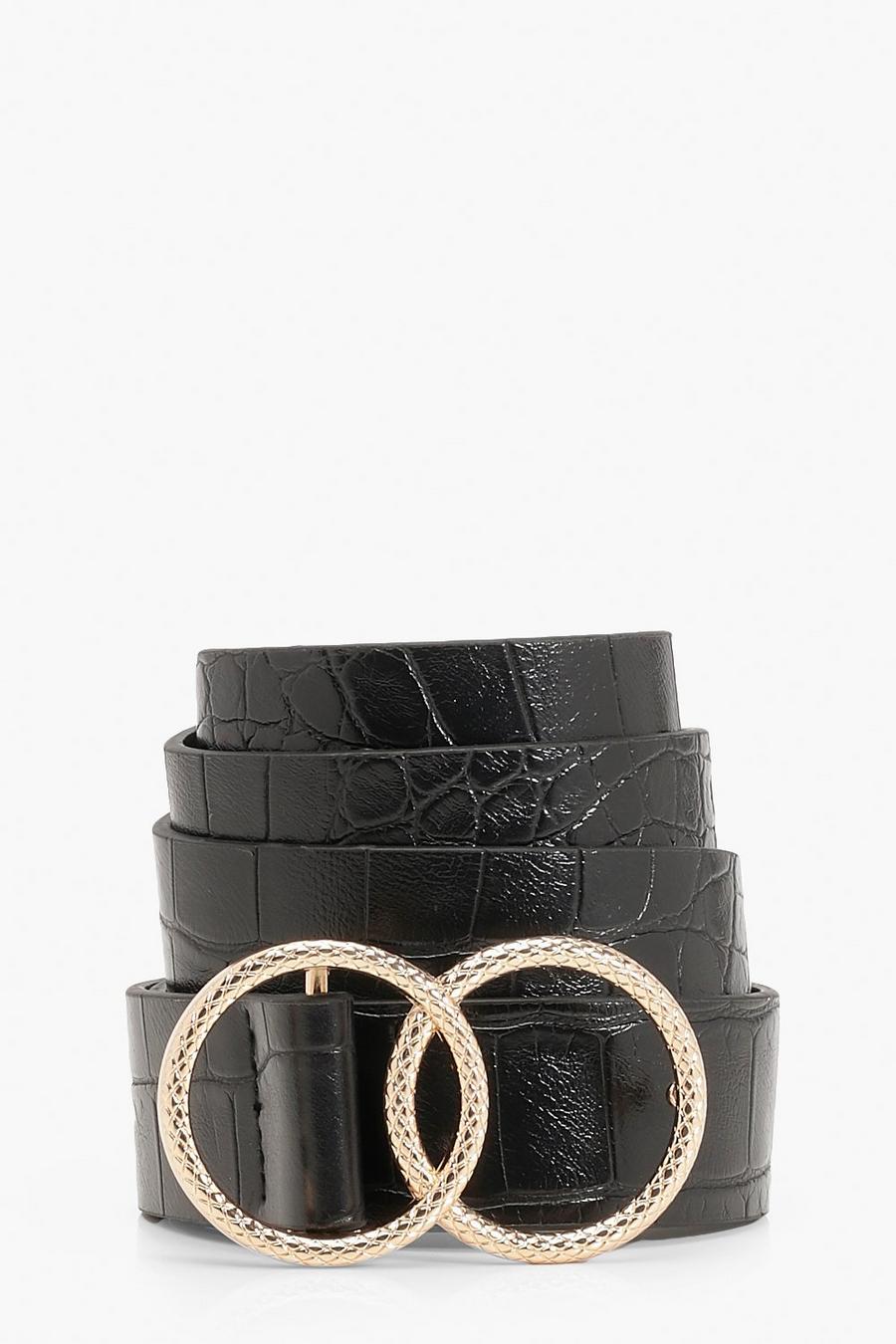 Cinturón con hebilla y estampado de cocodrilo de anilla doble, Negro image number 1