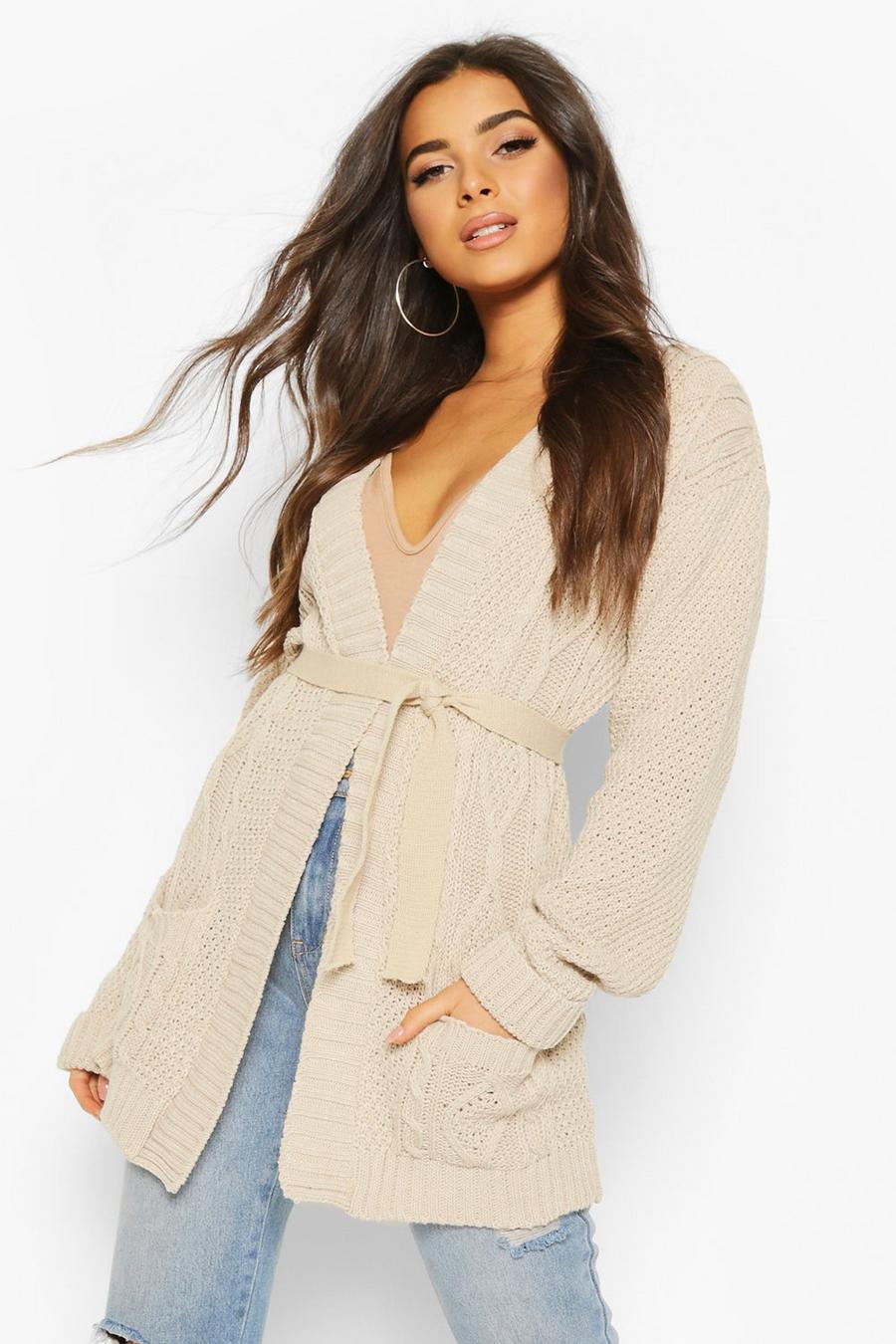 Stone Cable Boyfriend Belted Cardigan image number 1