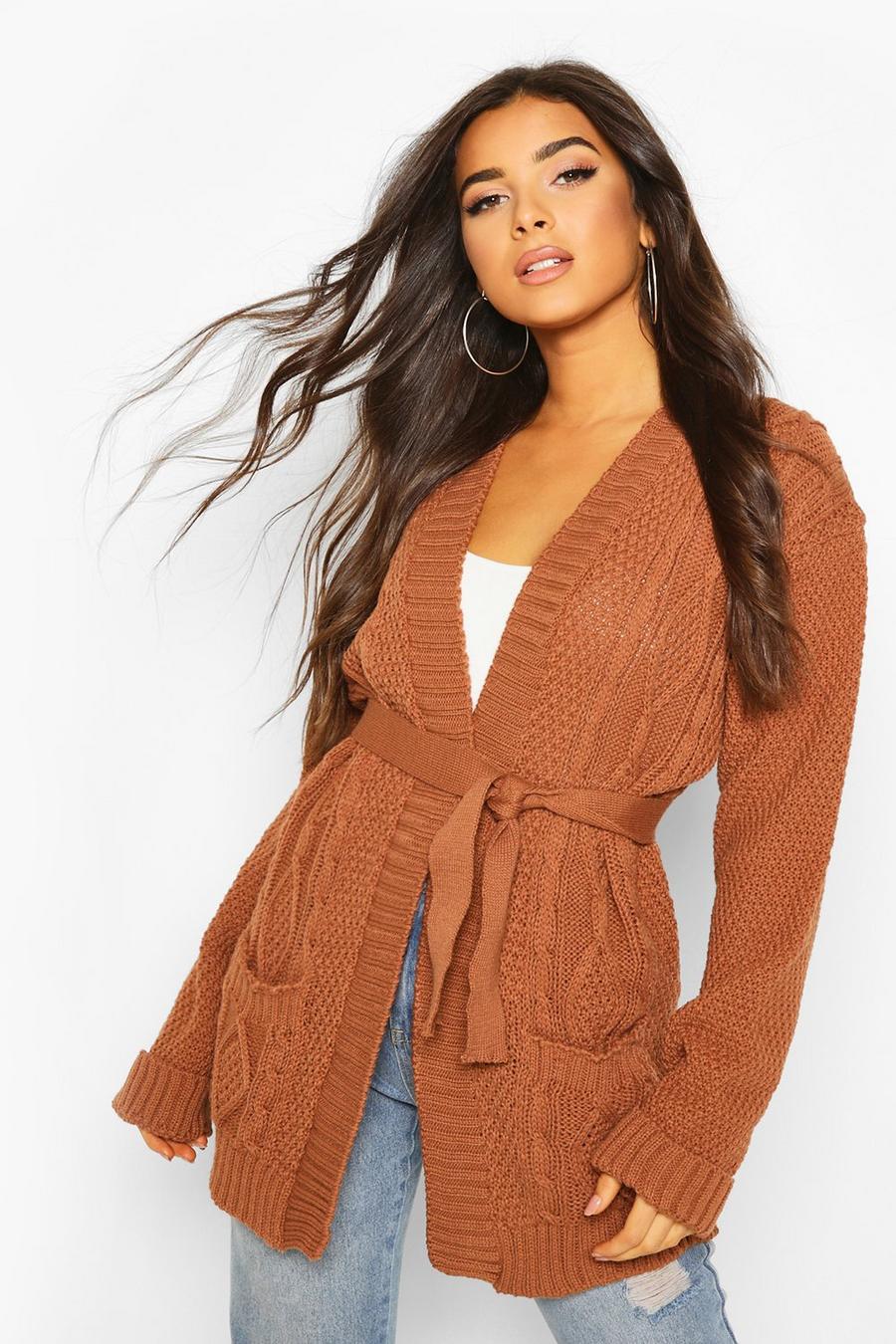 Toffee beige Cable Boyfriend Belted Cardigan image number 1