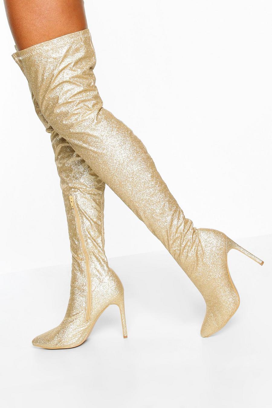 Glitter Stiletto Heel Over The Knee Boots, Gold image number 1