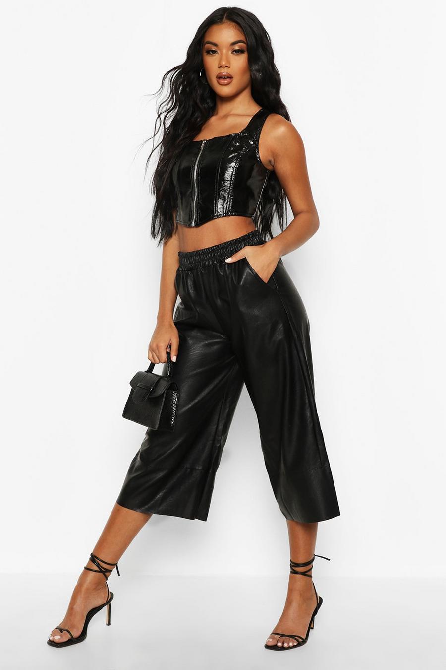 Black Faux Leather Wide Leg Culottes image number 1