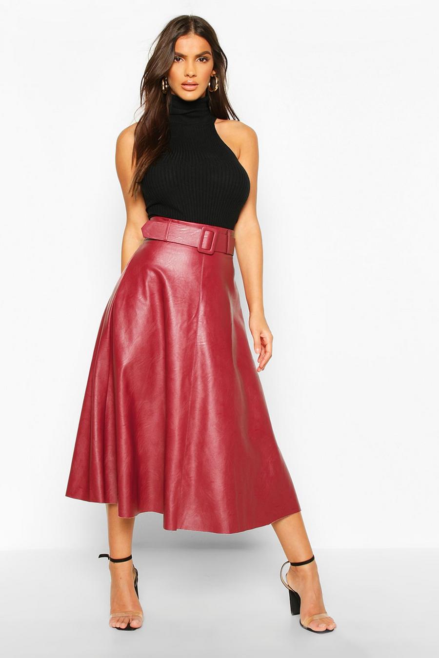 Berry red Faux Leather Self Belt Skater Skirt image number 1